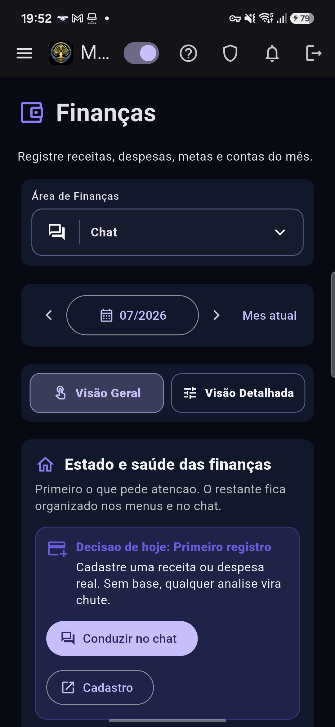 Tela do painel Finanças em modo escuro